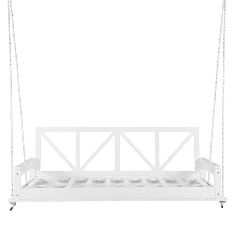 Acacia Wood Twin Size Patio Swing Bed Modern Porch Swing Hanging Bed Frame with 16.4ft Hemp Ropes
