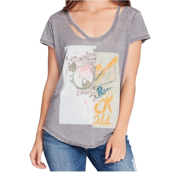 William Rast Gray Women's Size XL Destructed Cutout Graphic T-Shirt