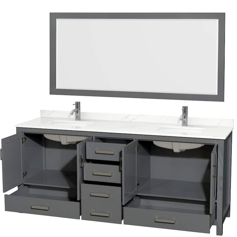 Sheffield 80-inch Double Vanity, Single Hole Quartz Top,70-inch Mirror