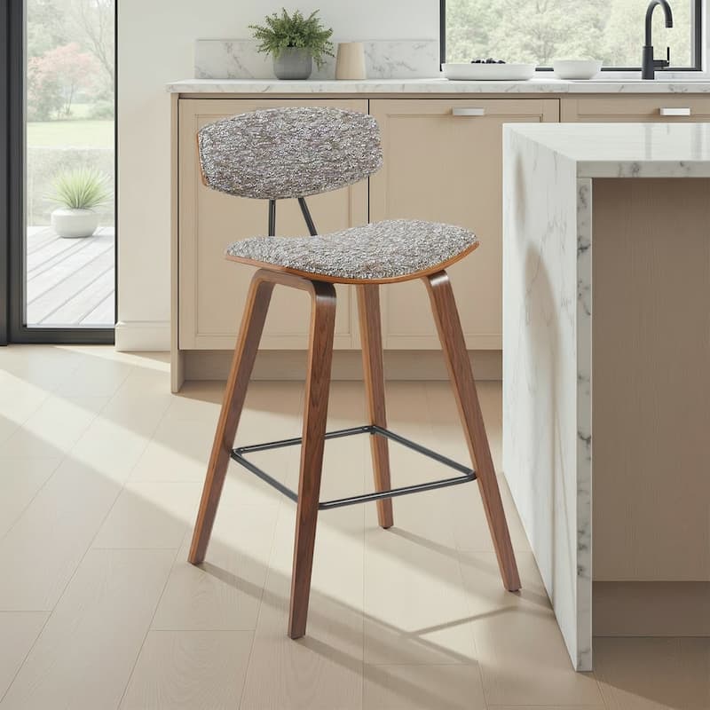 Fox Mid-Century Bar Stool, Upholstered Counter Height Chair with Bentwood Legs - Speckled Brown & Walnut - Counter Height