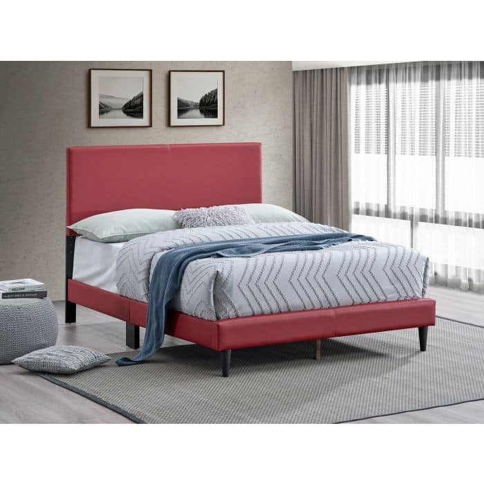 Red Faux Leather Full Bed Frame with Adjustable Headboard, No Box Spring Needed