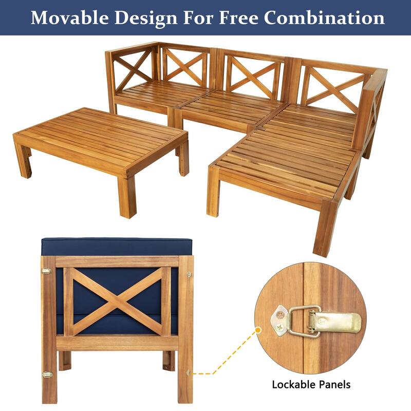 Wooden 5-Piece Sectional Patio Seating Set with Cushions & Tea Table, UV & Water Resistant