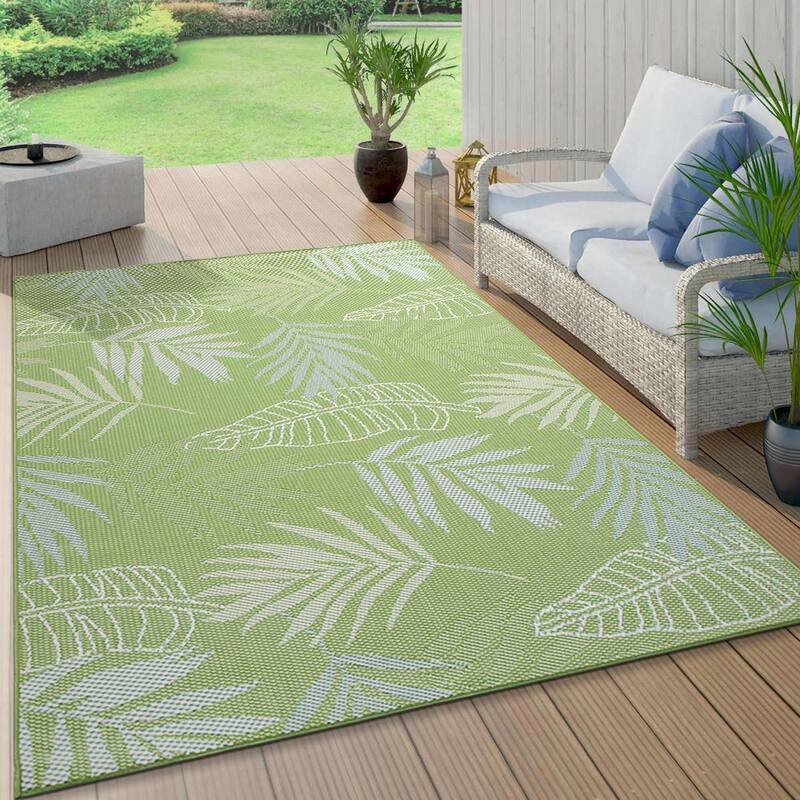 Contemporary Floral Leaves Indoor/Outdoor Flatweave Waterproof Backyard Patio Area Rug