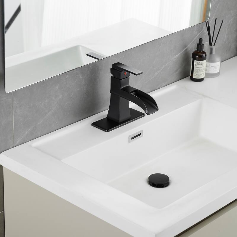 Modern Single Handle Waterfall Bathroom Sink Faucet with Pop Up Drain and Supply Line, Corrosion and Rust Resistant - Black