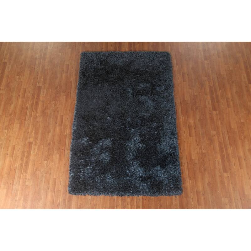 Blue Plush Shaggy Indian Area Rug Hand-Tufted Wool Carpet - 5'0" x 8'0"