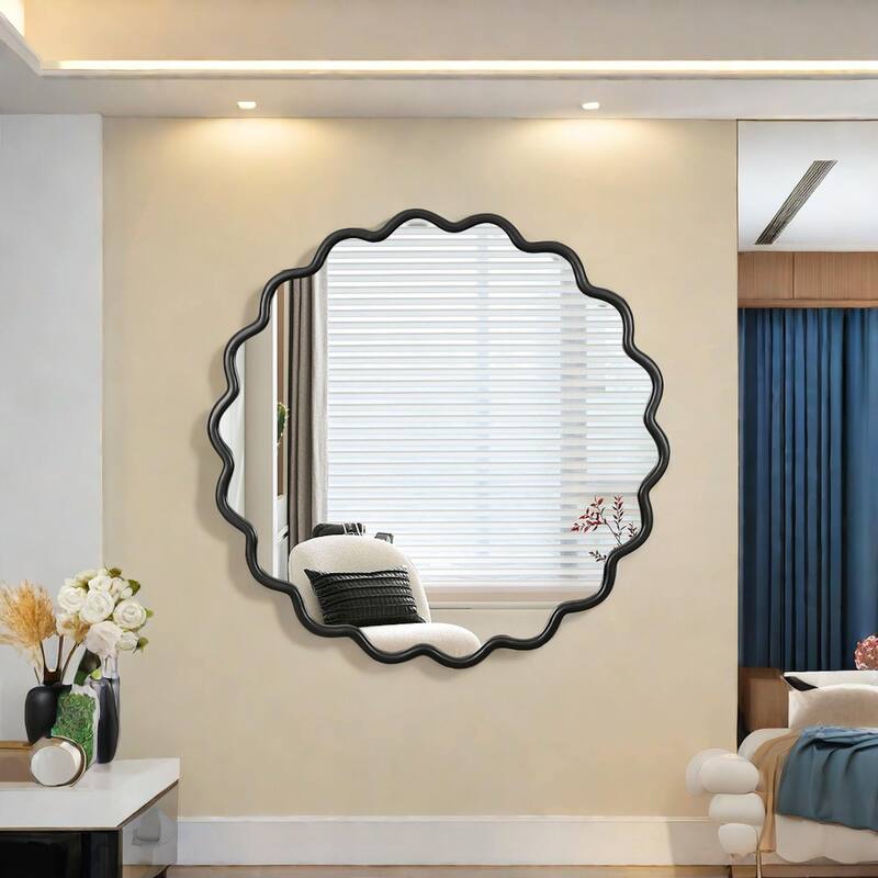 Solid Wood Wavy Round Mirror - Modern Wall Decor - Black - 42"