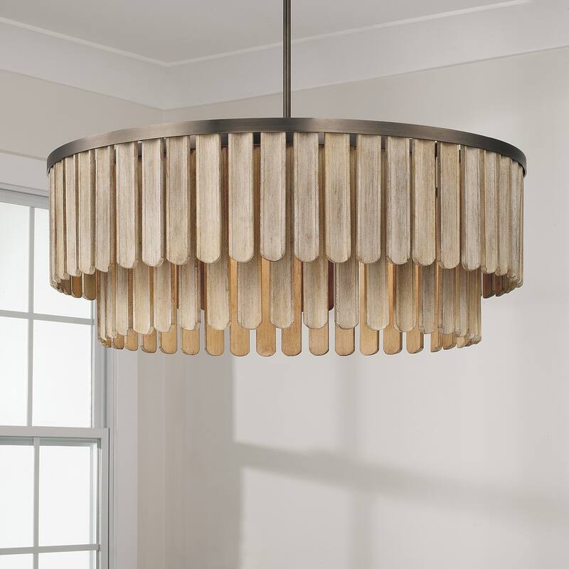 30" W x 11" H 6-Light Pendant in Dark Brass with Handcrafted Mango Wood in Nordic Grey Stain - 30"W x 11"H
