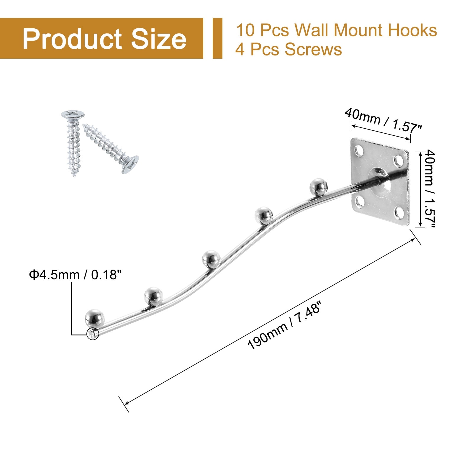 8" Garment Display Hooks, 5 Beads Wall Mount Hanger with Screws - Silver