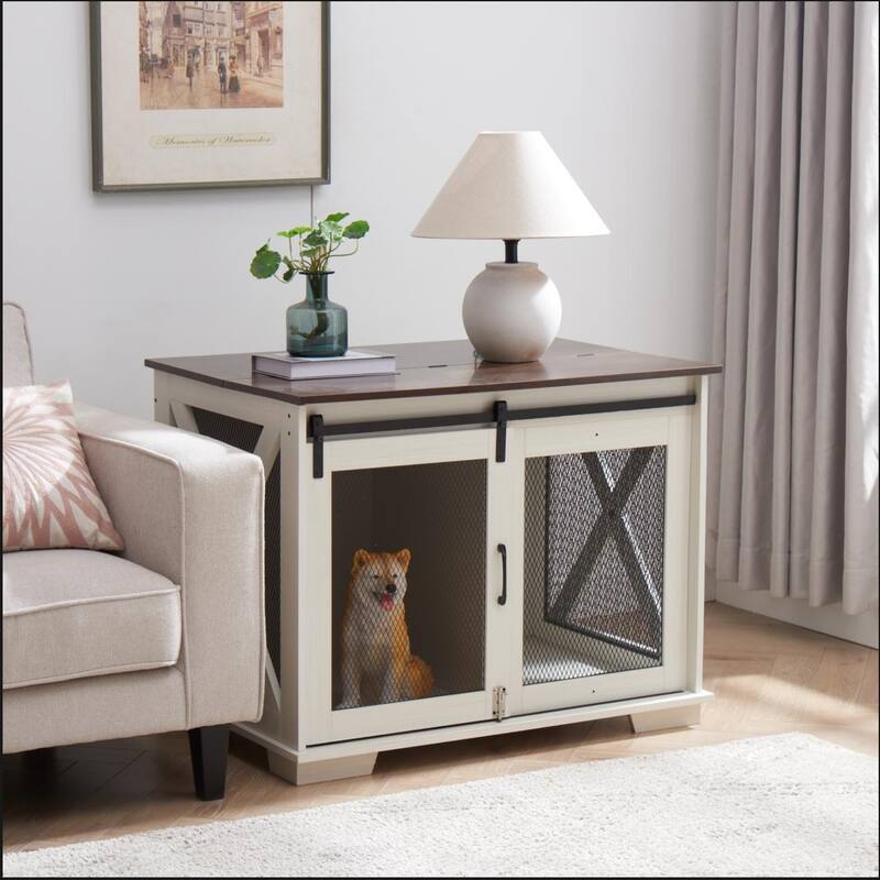 Flip-Top Plate Dog House Dog Cage Crate Furniture with Sliding Barn Door, Dog Kennel End Table with Detachable Divider
