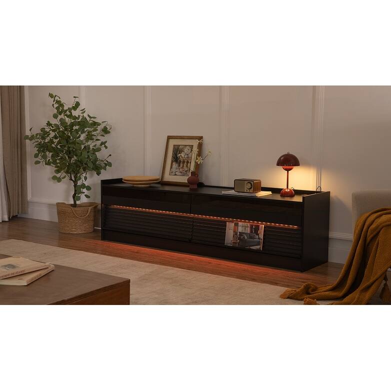 Anmytek Modern TV Stand 4 Drawers Tempered Glass Charging Ports LED Lighting Living Room Media Console