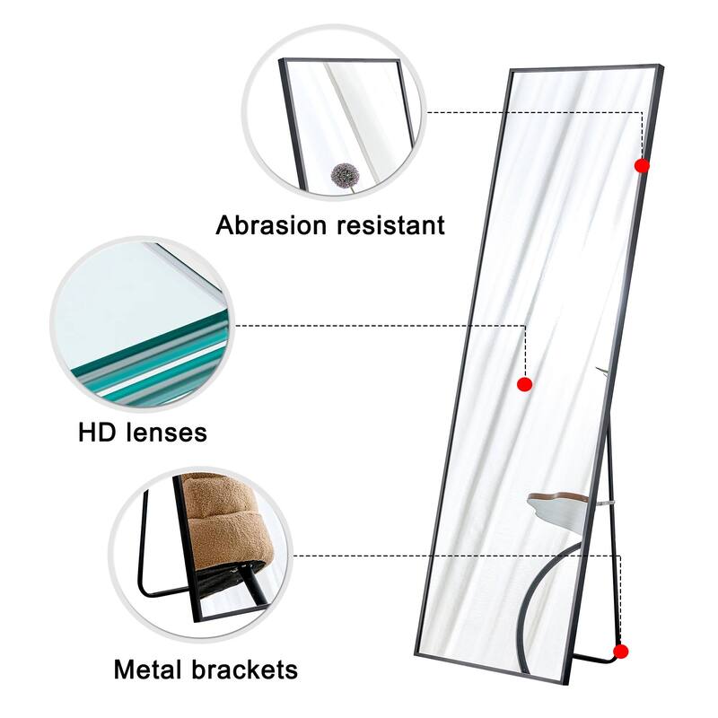 Roomfitters Wall-Mounted Full-Length Mirror with Black Aluminum Frame, 65"x23" Vanity or Decorative Mirror, Black
