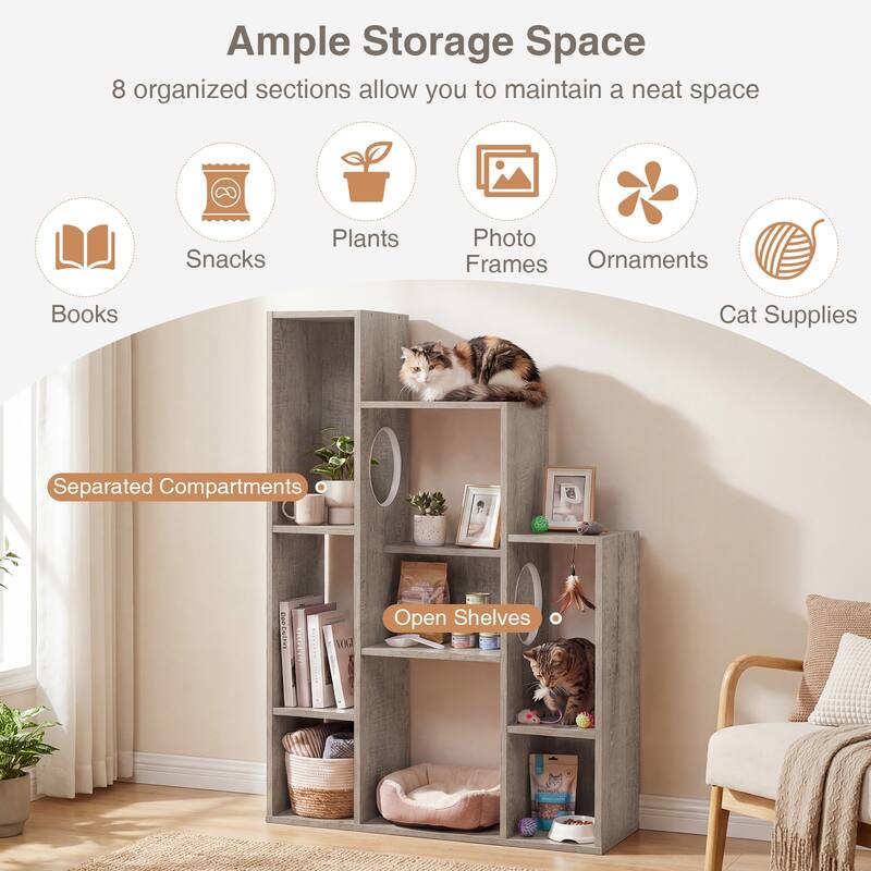 Gymax Modern Cat Bookshelf w/ 2 Round Holes Anti-Tipping Device for