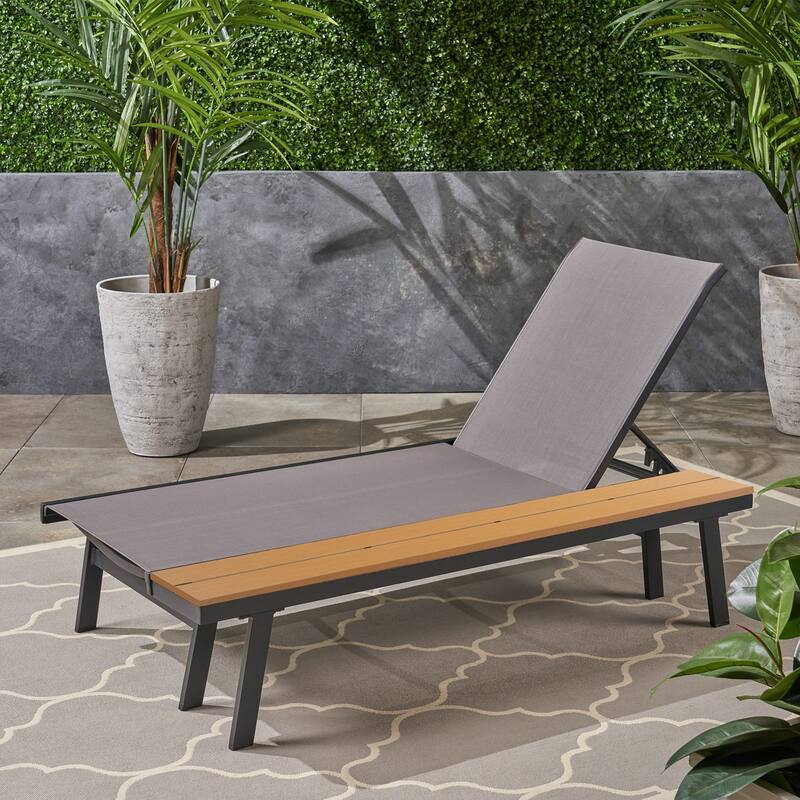 WATERLOO CHAISE LOUNGE WITH ATTACHED WOOD SIDE TABLE, 1pc - Black+Grey,Natural