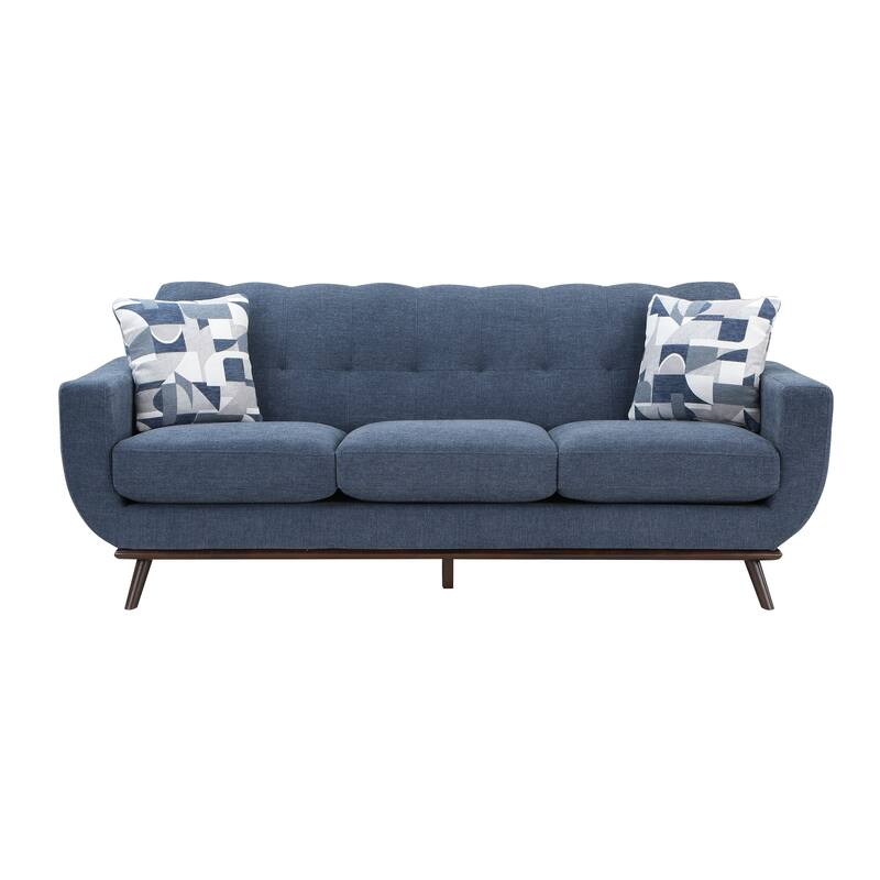 Keto 87 Inch Sofa, Blue Chenille, 2 Throw Pillows, Brown Solid Wood