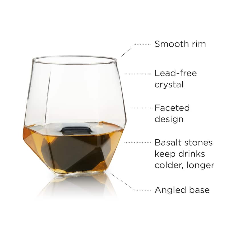Viski 4 Piece Faceted Tumbler and Hexagonal Basalt Stone Set Set of 2 Crystal Glasses