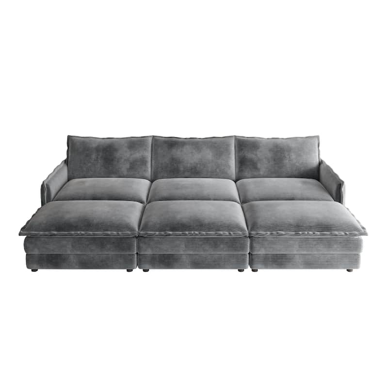 Convertible Sleeper Sofa Bed 109" Oversized Modular Sectional Sofa Deep Seat Corduroy Cloud Couch with 3 Ottomans - Grey