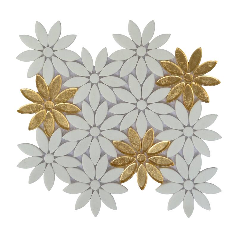 Thassos White Marble And Gold Glass Daisy Wall Mosaic Tiles - Case (10 Sheets)