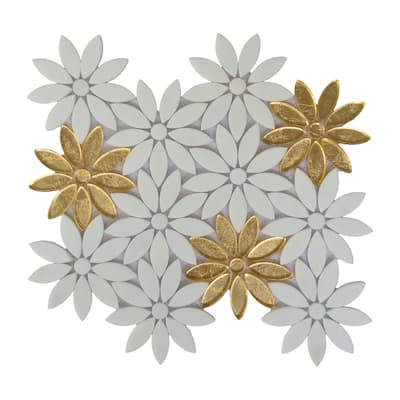 Thassos White Marble And Gold Glass Daisy Wall Mosaic Tiles - Case (10 Sheets)