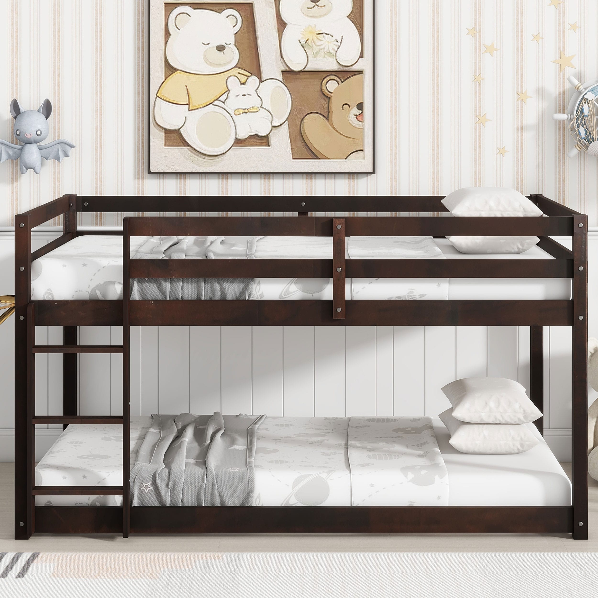 Pink Solid Rubber Wood Twin over Twin Loft Bed with Ladder, Storage Space, Easy Assembly