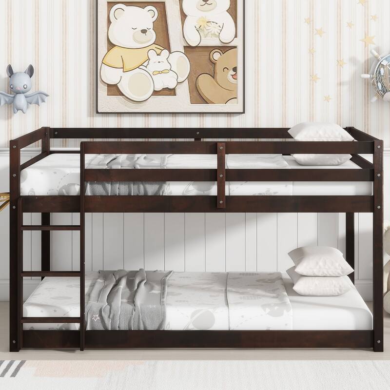 Pink Solid Rubber Wood Twin over Twin Loft Bed with Ladder, Storage Space, Easy Assembly - Espresso - Twin