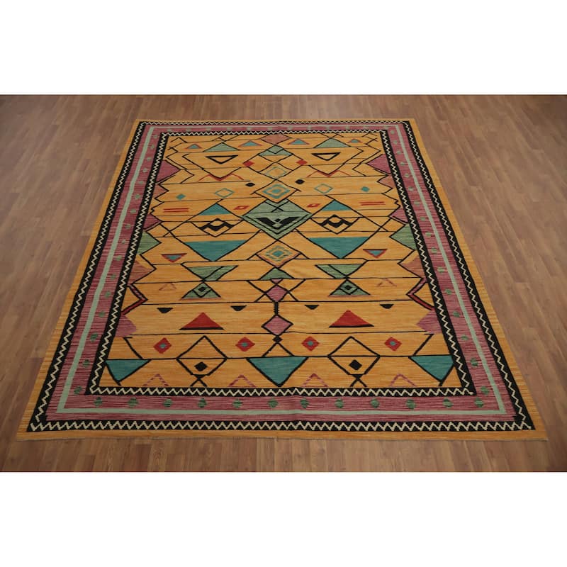 Hand Woven Oriental 100% Wool Carpet Southwestern Tribal Oranges & Rust Kilim Area Rug - 9' 11'' X 8' 5''