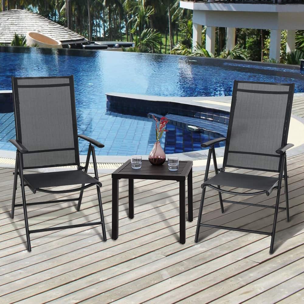 3-Piece Metal Patio Dining Set, 1 Square Table and 2 Folding Sling Chairs