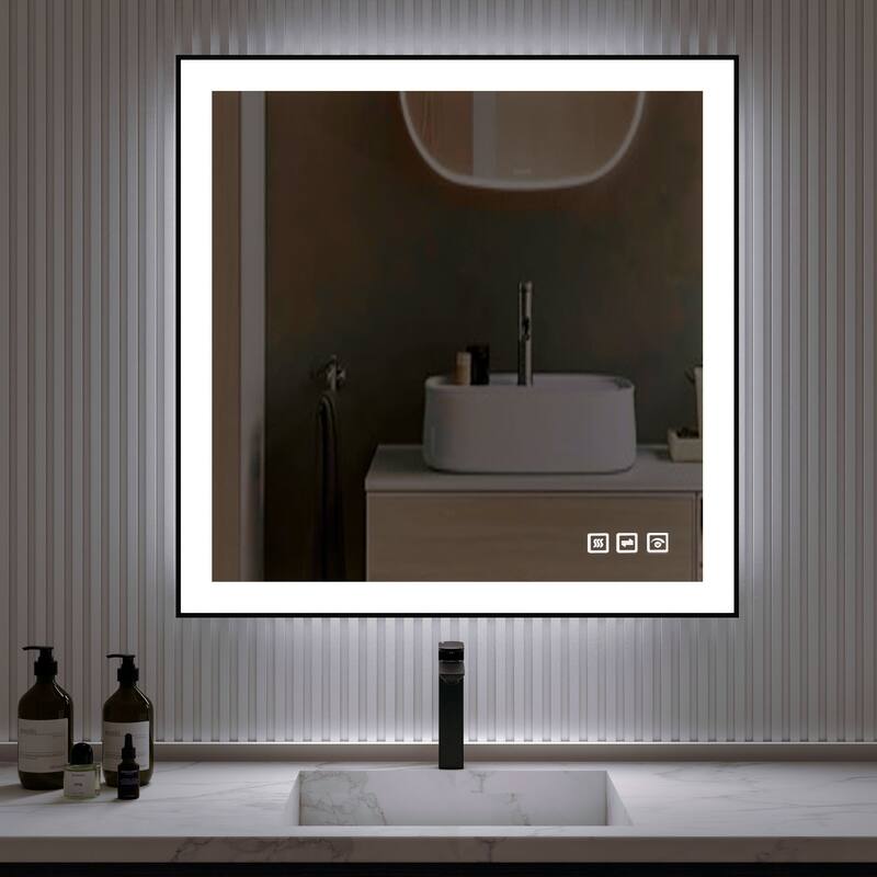 Organnice Rectangular Framed LED Anti-Fog Bathroom Wall Mirror in Black with Backlit and Front Light - 36"*36"