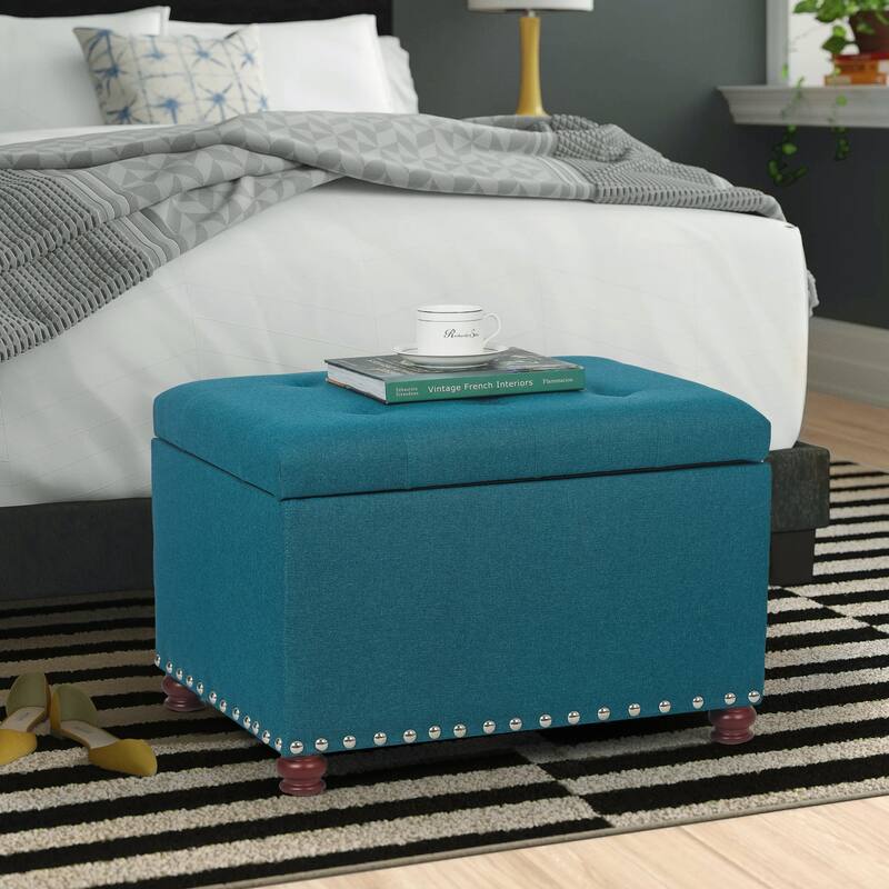 Adeco Storage Ottoman Tufted Linen Wood Bench with Nails