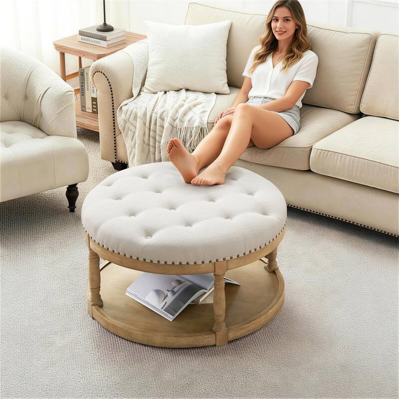 HUIMO 33in Round Upholstered Solid Wood Ottoman Coffee Table with Storage Shelf