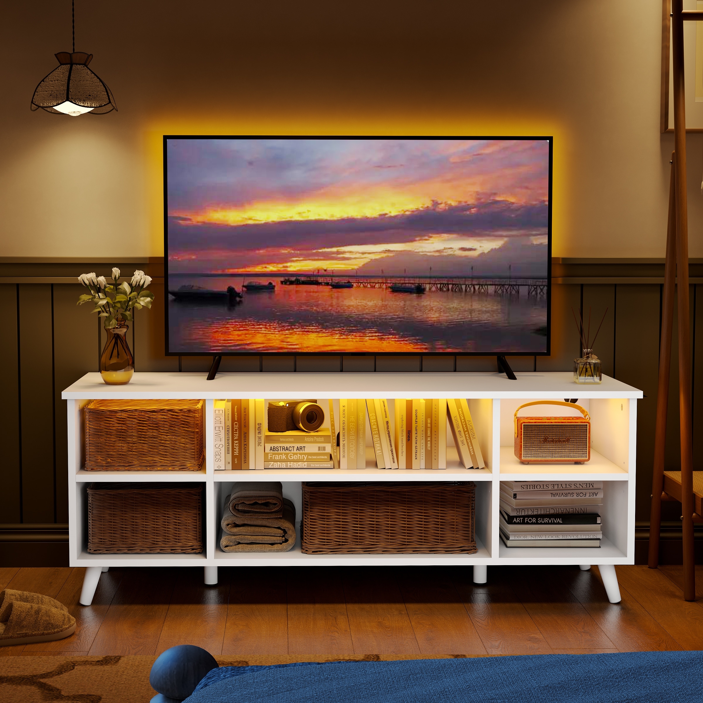 TV Stand Console Table 6 Cubby Cabinet RGB LED Light Gaming Entertainment Center 47.2 L x 15.6 W x 18.3 H White