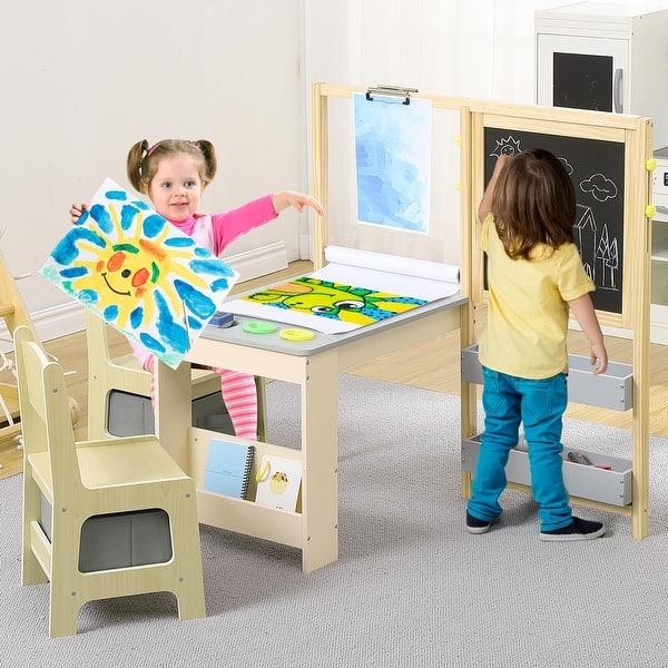 slide 2 of 7, Wooden Easel for Kids, Kids Art Table and 2 Chairs Natural