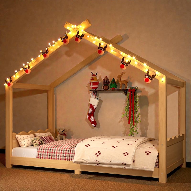 Kids Solid Wood House Floor Bed with Support Slats, Montessori Low Profile Bed, No Box Spring Needed