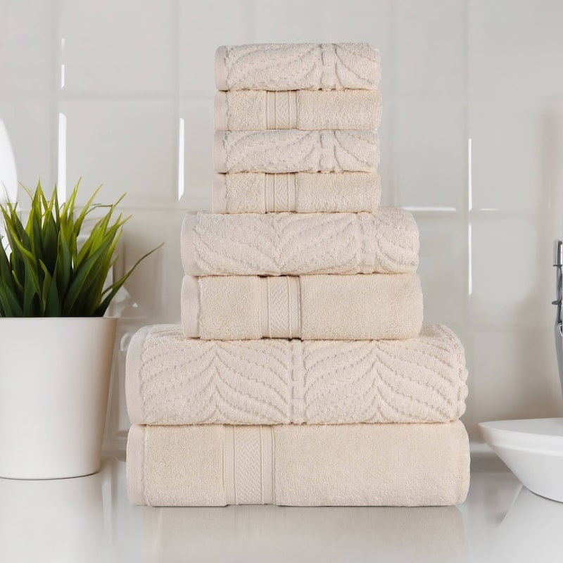 Superior Chevron Zero Twist Solid and Jacquard Cotton 8 Piece Towel Set - Ivory