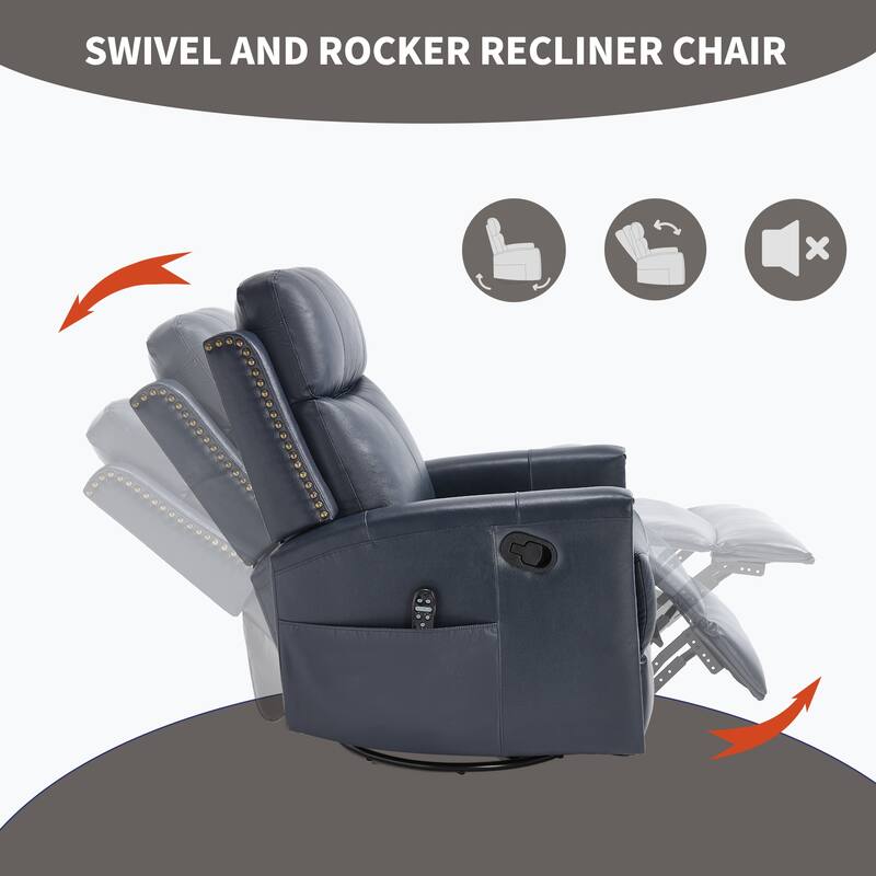 One Piece Genuine Leather Recliner Chair with Massage Heat Rocker and Swivel