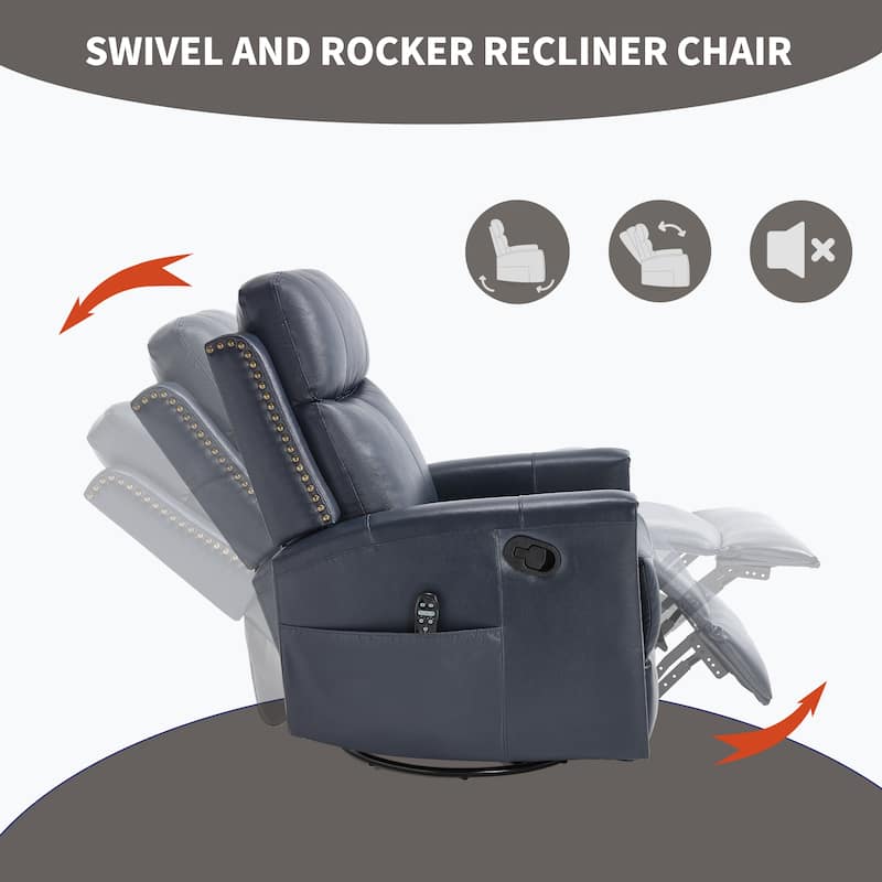 Roomfitters Genuine Leather Swivel Rocker Recliner, Manual Massage Glider with Heat and Top Grain Cowhide, Living Room