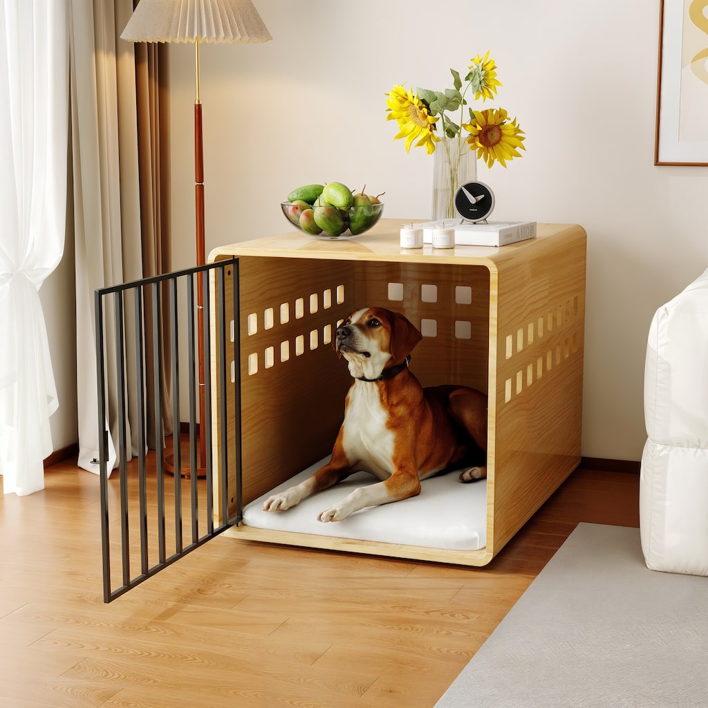 Modern Wooden Dog Crate Furniture for Large Dogs Glossy Finish Pet House with Metal Door and Vent Holes