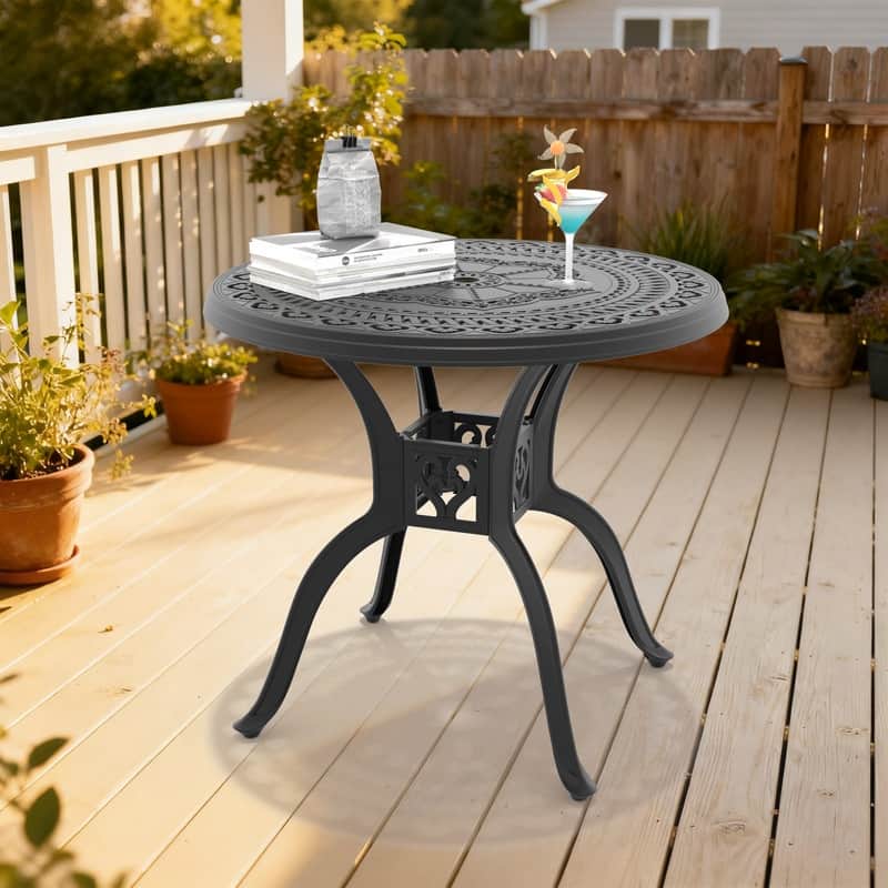 31.5-inch Cast Aluminum Patio Dining Round Table with Umbrella Hole for Balcony, Lawn, Garden, Backyard