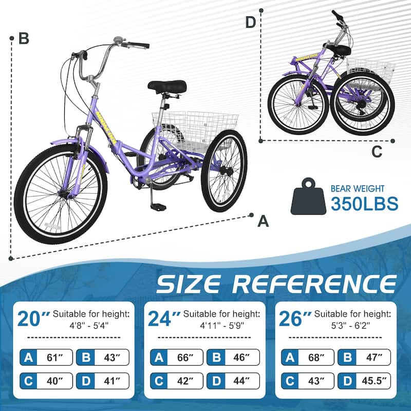 DoCred Adult Folding Tricycle, 7 Speed 3-Wheel Bicycle with Basket
