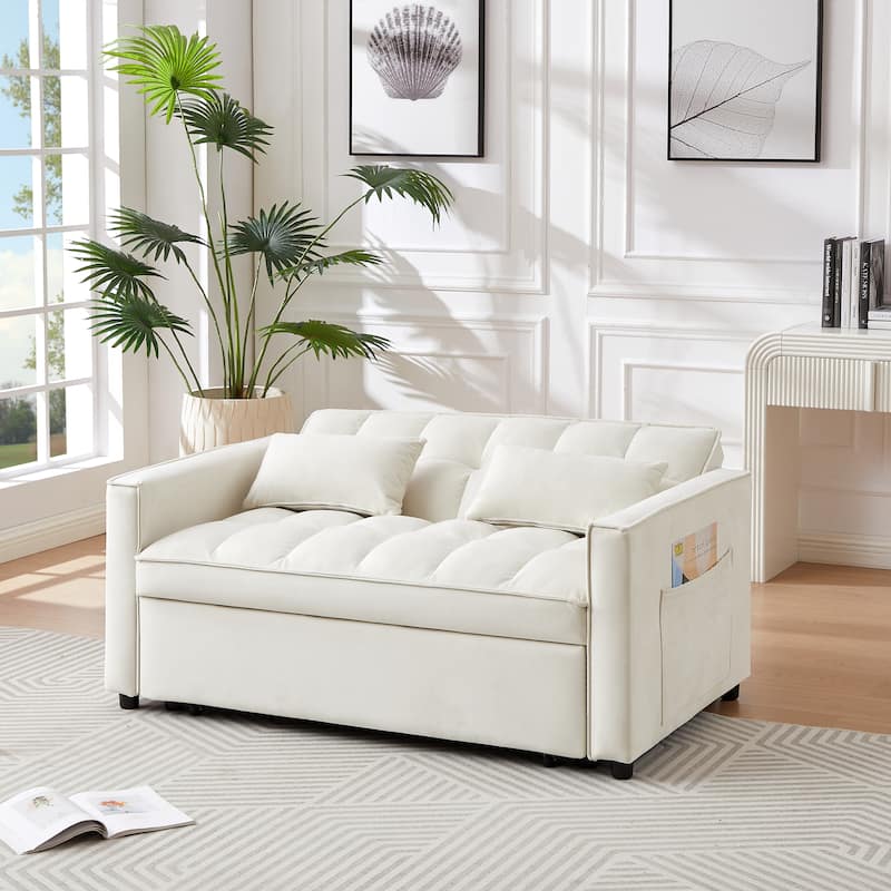 Modern Velvet Convertible Loveseat Sleeper Sofa Couch with Adjustable Backrest - Ivory
