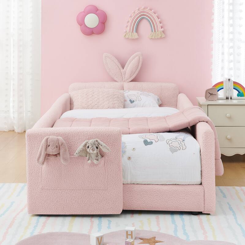 Cute Twin Size Platform Bed with Rabbit Ear Shaped Headboard, Safety Guardrails and Pockets, Boucle Fabric Upholstered Bed