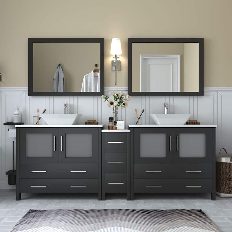 Vanity Art 84" Double Sink Bathroom Vanity Set with Engineered Marble Top and Free Mirrors - Espresso
