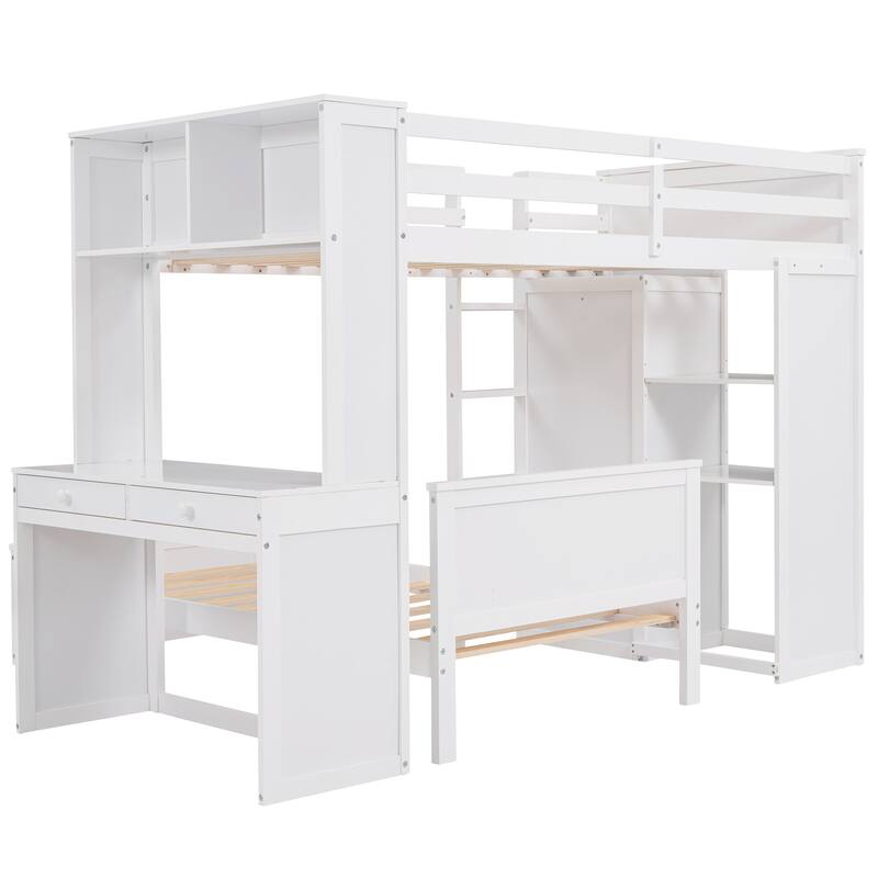 Loft Bed with Stand-alone Bed, Shelves, Desk & Wardrobe - All-in-One Space-Saving Design