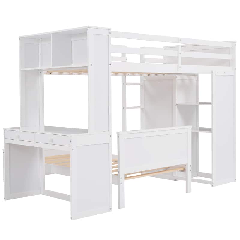Space-Saving Twin Loft Bed with Desk, Shelves, Wardrobe, and Additional Bed