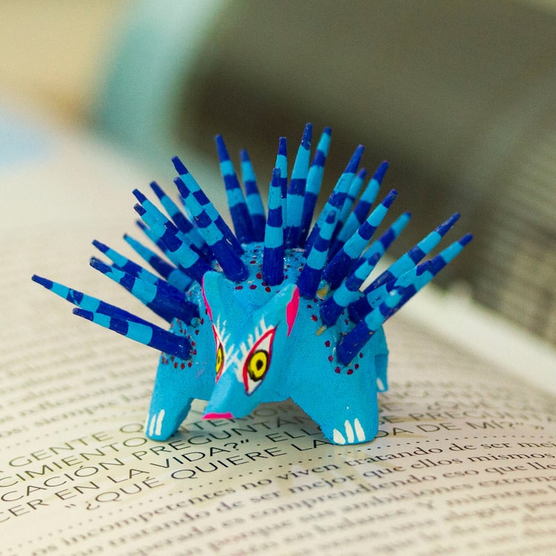 Novica Handmade Cute Porcupine In Sky Blue Wood Alebrije Figurine