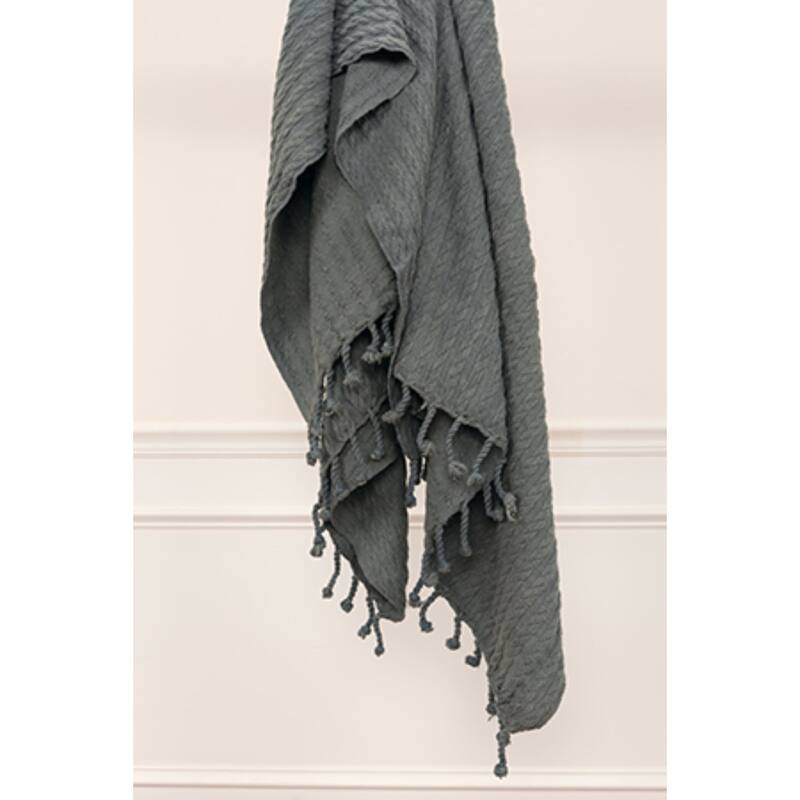 HomeRoots 50" X 60" Gray Cotton Knitted Striped Throw Blanket with Tassels