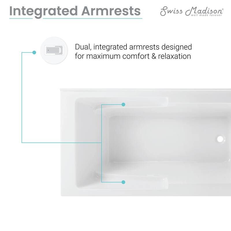 Swiss Madison Voltaire, Acrylic White, Alcove, Integral Armrest, Bathtub with Apron