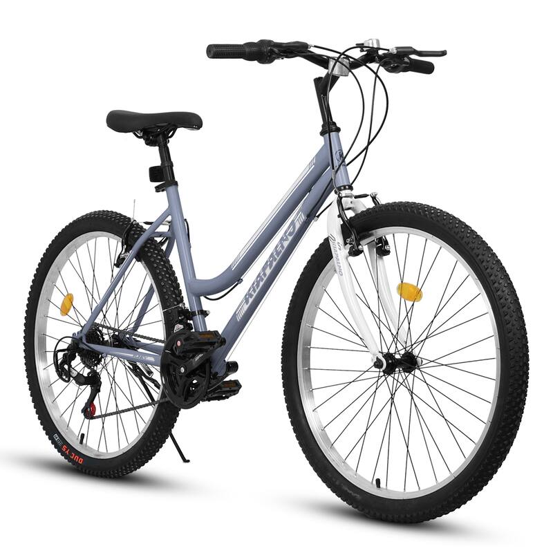 26 Inch Carbon Steel Frame Mountain Cycling Bike, 21-Speed Road Commuting Bicycle with Dual V-Brake for Adult and Teens - Grey