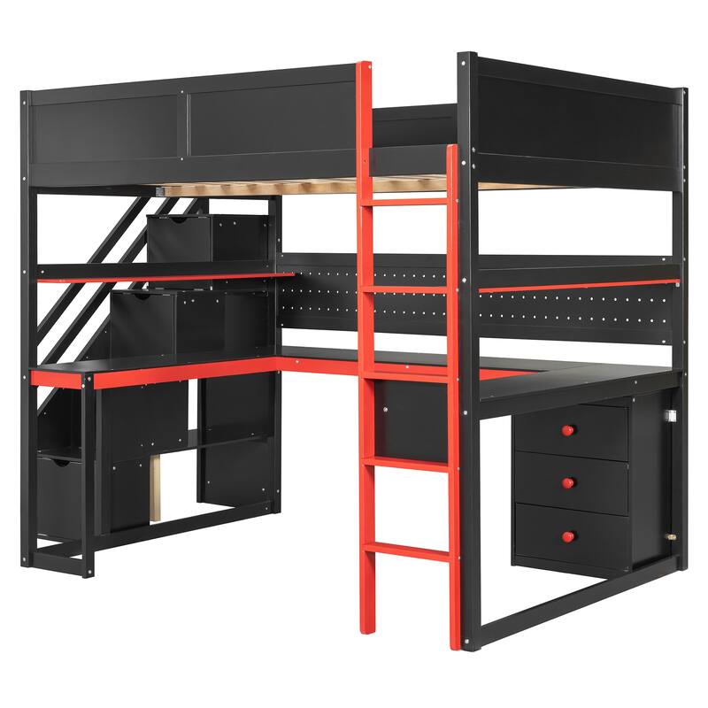 Gaming Loft Bed with Desk - Full/Twin, Includes Storage Stairs, Shelves & Pegboard