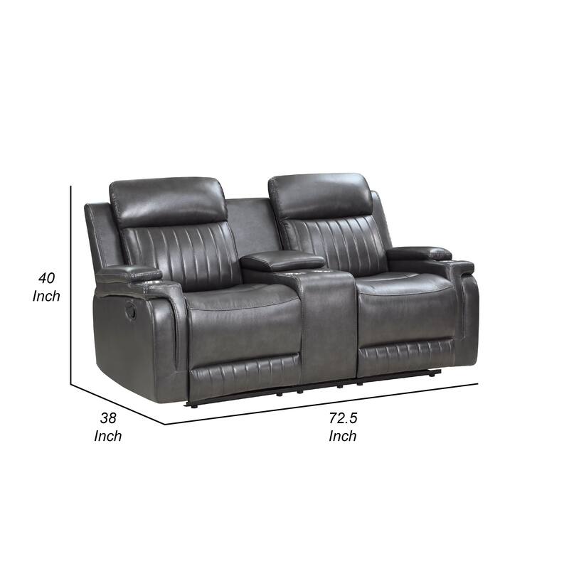 Jolo Manual Recline Loveseat, Center Console 73 Inch Gray Faux Leather