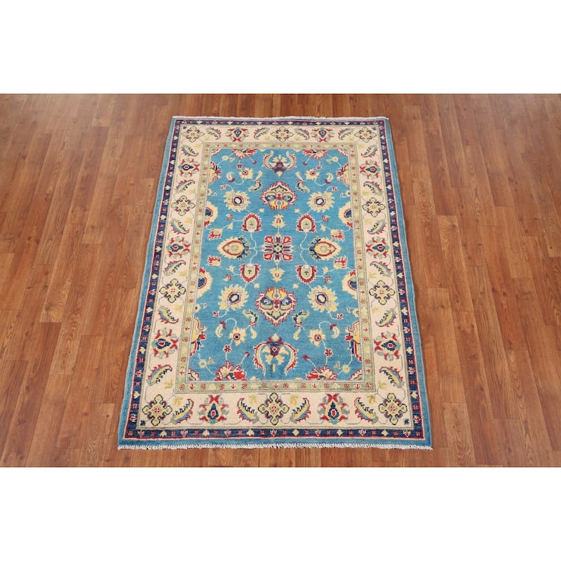 Light Blue Kazak Traditional Accent Rug Hand-Knotted Wool Carpet - 3'5" x 4'11"